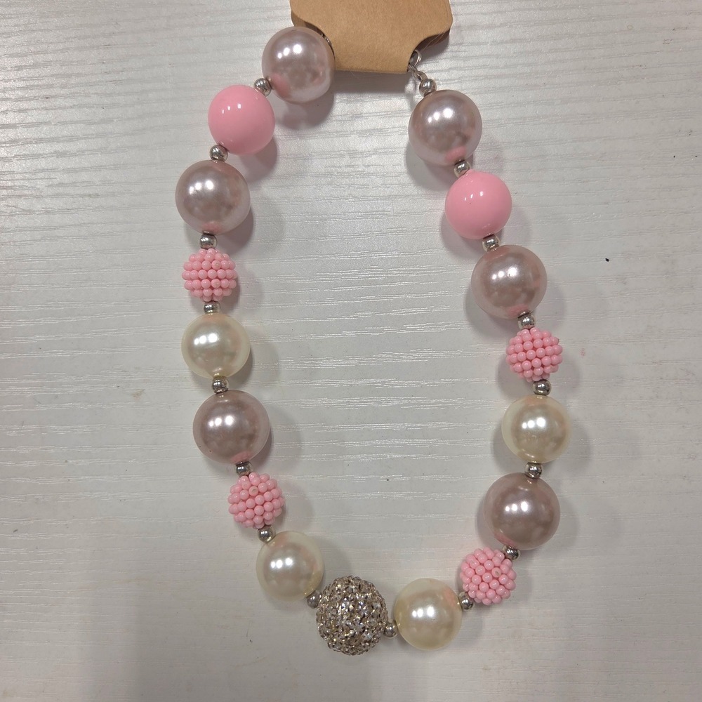 Pink Chunky Bubblegum Bead Necklace Faux Pearl Rhinestone Disco Ball Statement